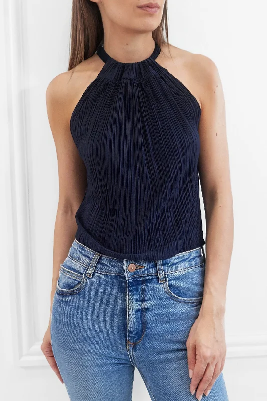 MILLIE PLISSE PLEATED NAVY HALTERNECK TOP