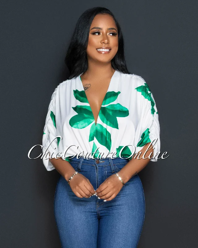 Naija White Green Leaf Print Draped Bodysuit