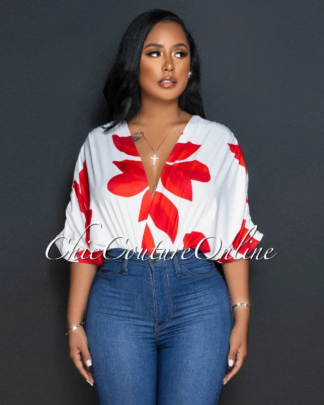 Naija White Red Leaf Print Draped Bodysuit