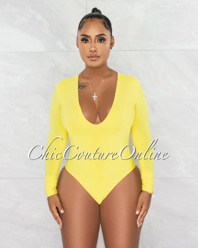 Nilam Yellow Depp V Neck Long Sleeves Bodysuit