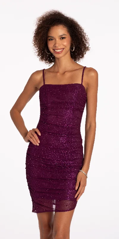 Pleated Glitter Knit Bodycon Dress with Pearl Accents