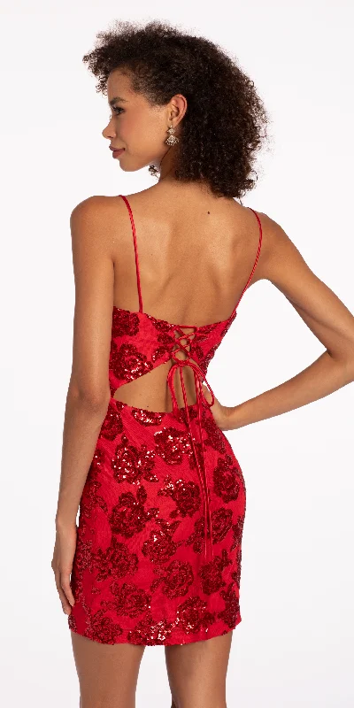 Rose Pattern Sequin Lace Up Back Bodycon Dress