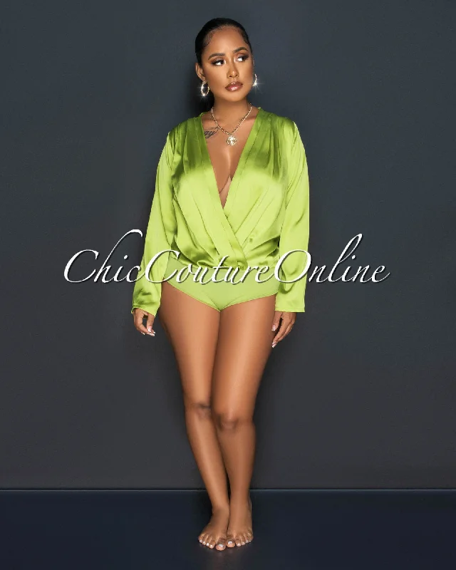 Terria Apple Green Long Sleeves Draped Silky Bodysuit