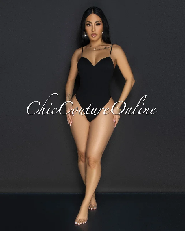 Toniya Black Ribbed Body-Con Bodysuit