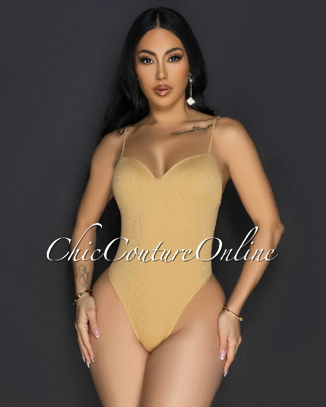 Toniya Khaki Ribbed Body-Con Bodysuit