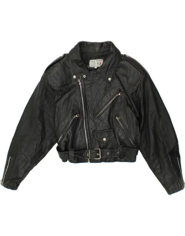 VINTAGE Womens Crop Leather Biker Jacket UK 14 Medium Black Leather