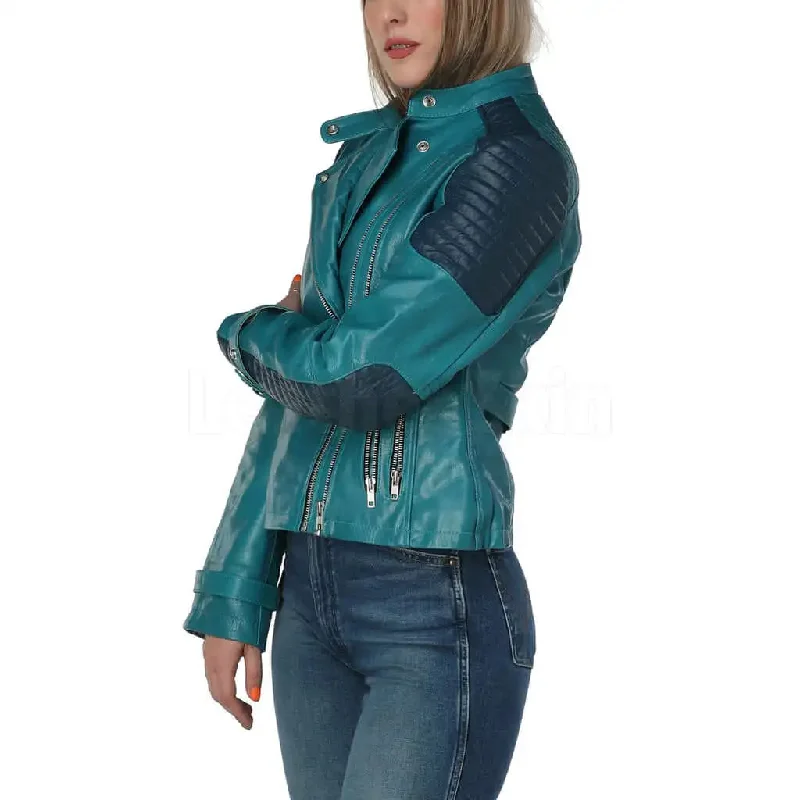 Women’s Teal Leather Biker Jacket