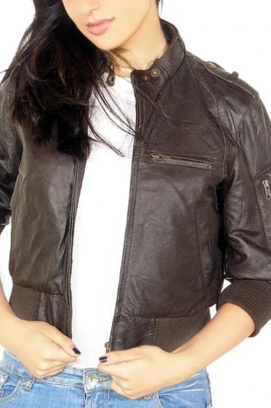 Women's Dark Brown Short Bomber Leather Jacket