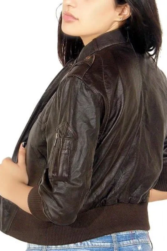 Women's Dark Brown Short Bomber Leather Jacket