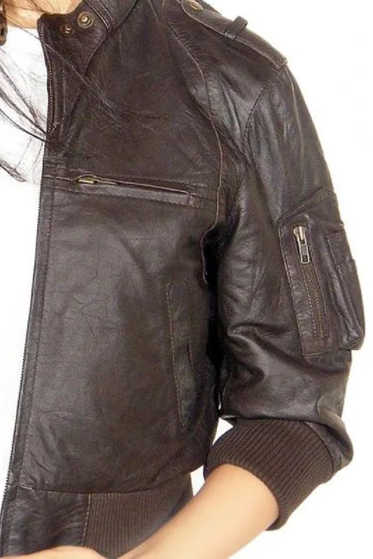 Women's Dark Brown Short Bomber Leather Jacket