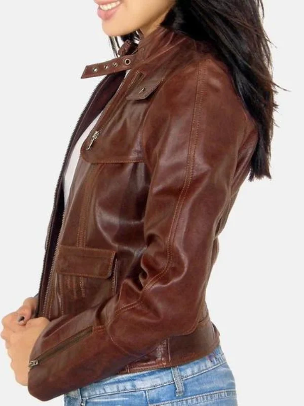 Women's Real Leather Short Biker Jacket