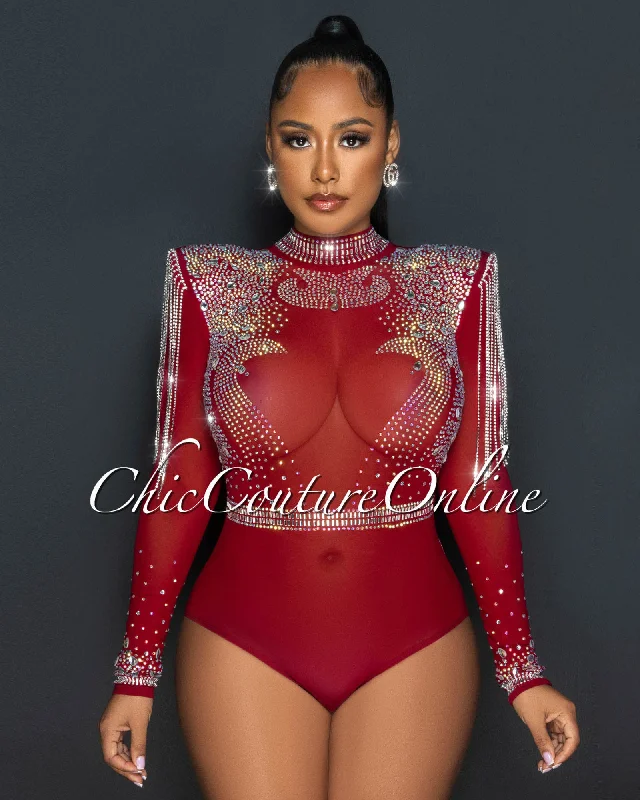 Yonce Burgundy Ultra Luxe Embellished Padded Shoulders Bodysuit