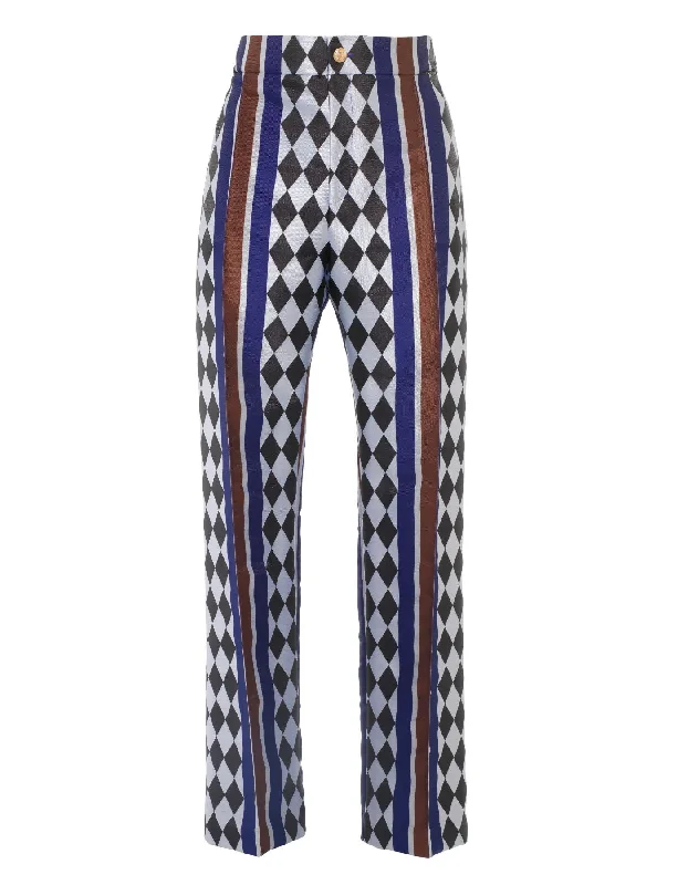 Hetty Blue Checkmate Print Silk Jacquard Trousers