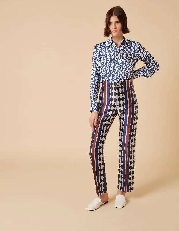 Hetty Blue Checkmate Print Silk Jacquard Trousers