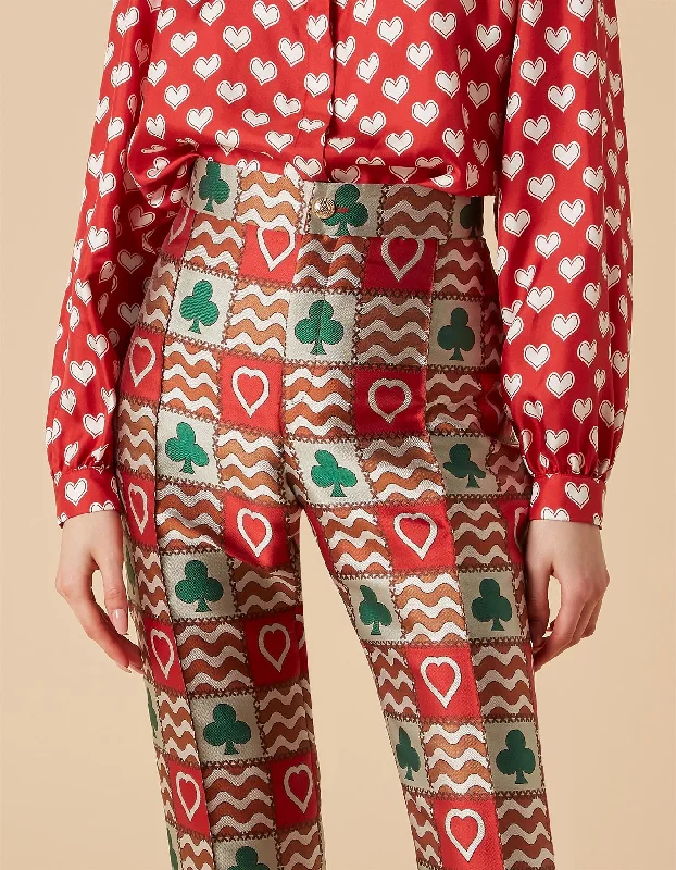 Hetty Red Green Patchwork Print Silk Jacquard Trousers