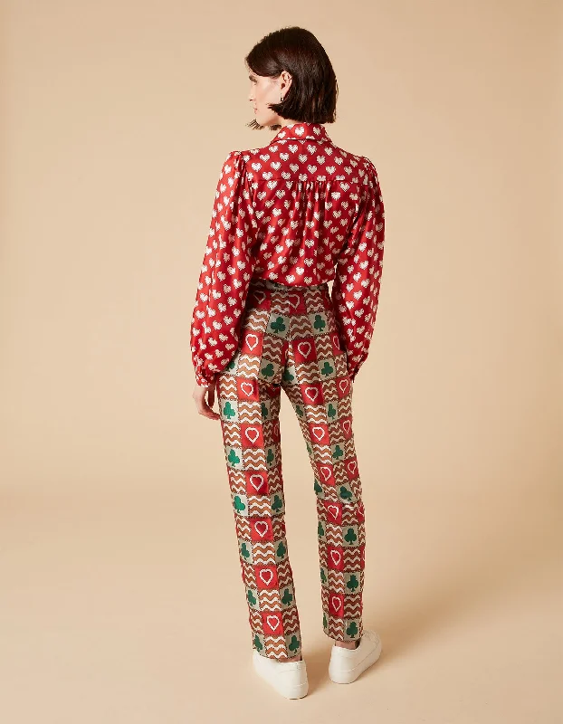 Hetty Red Green Patchwork Print Silk Jacquard Trousers