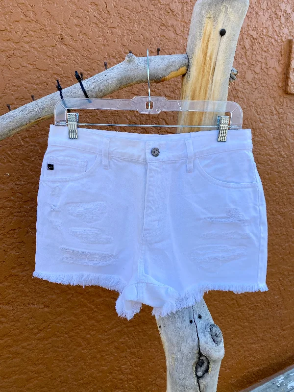 White High Rise Shorts With Frayed Hem